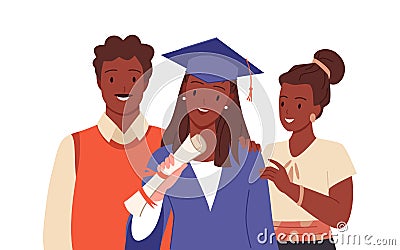 Proud family people and happy graduate standing together, mother, father and daughter Vector Illustration