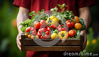 Proud farmer holds box of vibrant freshly picked organic vegetables outdoors at sunny farm Stock Photo