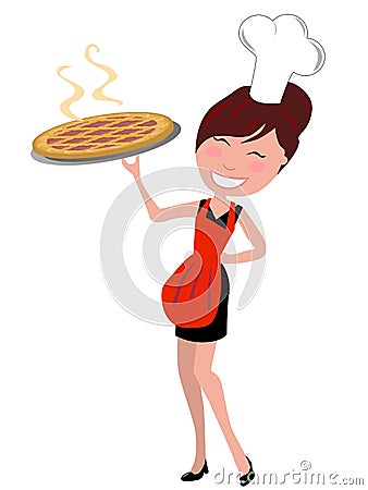 Proud Happy Housewife Holding Cake Vector Illustration