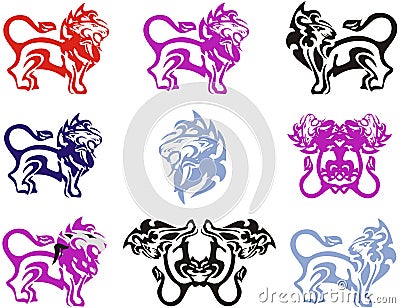 Set of aggressive tribal color lion symbols Vector Illustration