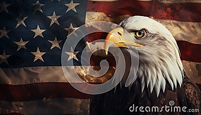 Proud and majestic bald eagle perched gracefully on a tattered and distressed american flag Stock Photo