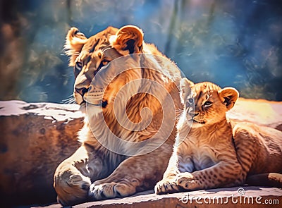 This proud male aftican lion is cuddled by his cub during an affectionate moment. Created with Generative AI technology. Stock Photo