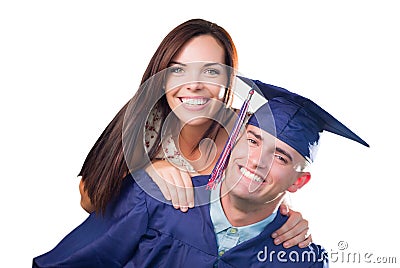 Proud Male Graduate In Cap and Gown with Pretty Girl Isolated on White Stock Photo