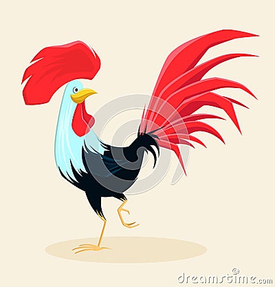 Proud red rooster with beautiful lush tail and crest. Vector Illustration