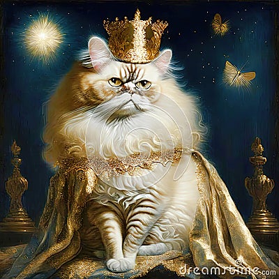 A proud and regal anthropomorphic Persian cat in a crown and a luxurious dress Stock Photo
