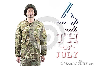 Proud soldier standing against 4th of July background Stock Photo