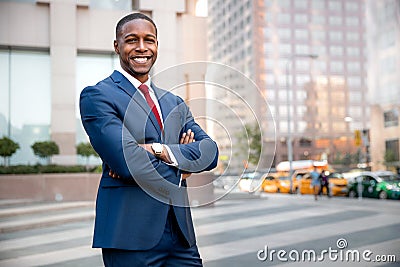 Proud successful businessman executive CEO african american, standing confidently with arms folded in downtown, financial building Stock Photo