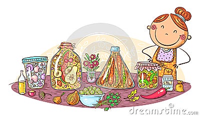 Proud woman with homemade preserved, pickled, marinated vegetables Vector Illustration