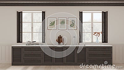 Provencal kitchen background with wooden and rattan cabinets in white and dark tones. Sink, and gas hob. Windows with shutters and Stock Photo