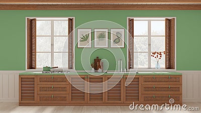 Provencal kitchen background with wooden and rattan cabinets in white and green tones. Sink, and gas hob. Windows with shutters Stock Photo