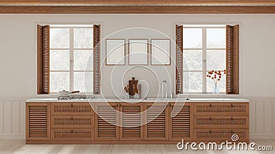 Provencal kitchen background with wooden and rattan cabinets in white tones. Sink, and gas hob. Frame mockup. Windows with Stock Photo
