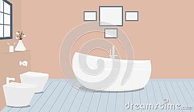 Provencal style bathroom with fashionable bath,toilet, bidet, toilet paper,vase with snowdrops,a window,paintings on pale pink Vector Illustration