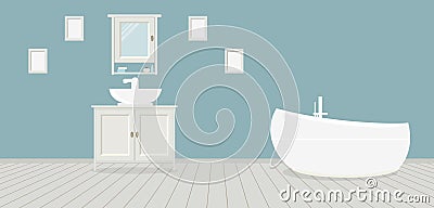 Provencal style bathroom with washbasin, a wardrobe, a fashionable bath and paintings on the blue wall. Light gray wooden planks Vector Illustration
