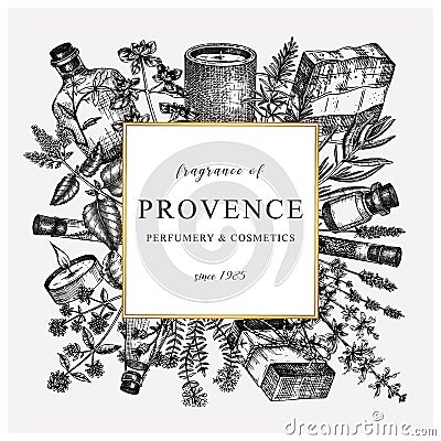 Provence herbs square wreath in vintage style. Hand-sketched aromatic and medicinal plants design. Perfect for cosmetics, Vector Illustration