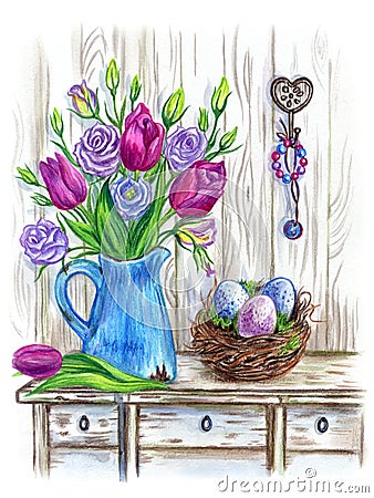 Spring Easter composition, watercolor drawing Stock Photo