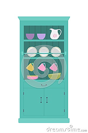 Provence style blue cupboard with crockery. Rustic interior concept Vector Illustration