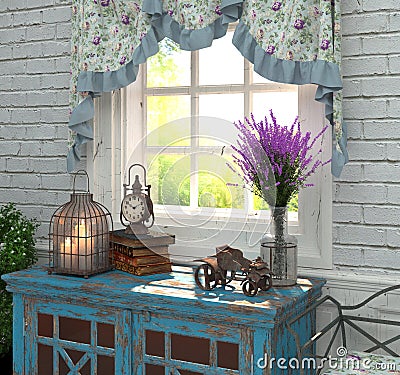 Provence style in interior. The composition by the window with lavender and antiques. 3D rendering. Stock Photo