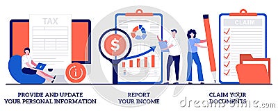 Provide and update your personal information, report your income, claim documents concept with tiny people. Tax filing vector Cartoon Illustration