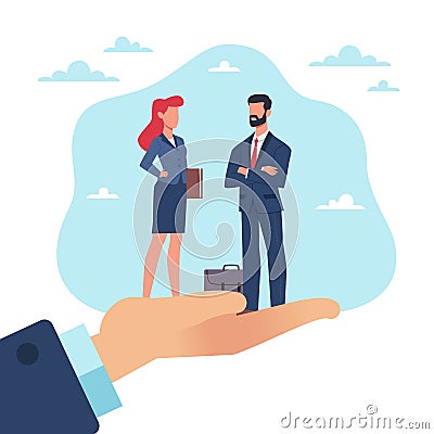 Providing the best specialists. Business cooperation. Businessman and woman standing on huge hand. Colleagues, working Vector Illustration