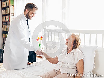 Providing care for elderly. Doctor visiting elderly patient at home. Stock Photo