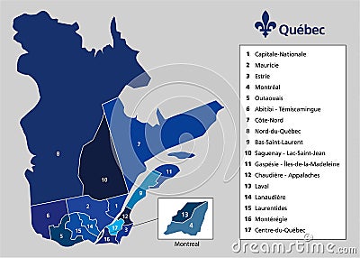 Province of Quebec map with counties Vector Illustration