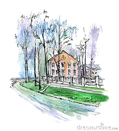 Provincial landscape. Old house, road and park. Cartoon Illustration