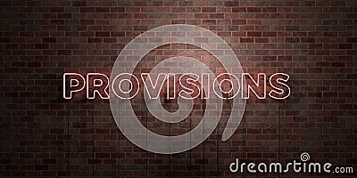 PROVISIONS - fluorescent Neon tube Sign on brickwork - Front view - 3D rendered royalty free stock picture Stock Photo