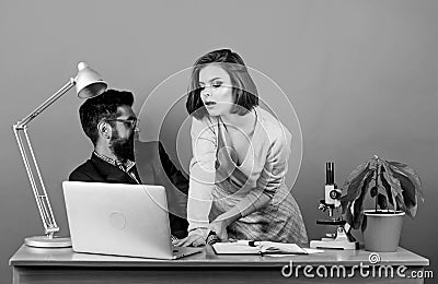 Provocation concept. Private lesson. Flirting with teacher. Student sensual sexy girl and lustful experienced teacher Stock Photo