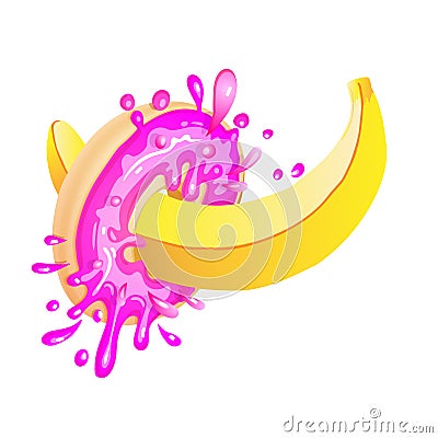 Provocative vector illustration with sweet donut and banana. Sweet strawberry pink donut with splashes, and tasty Vector Illustration