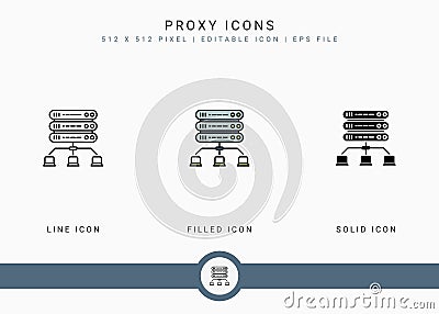 Proxy icons set vector illustration with solid icon line style. Internet server concept. Vector Illustration
