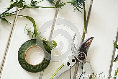 Pruner and other florist tools and cutted fresh flowers lying on Stock Photo