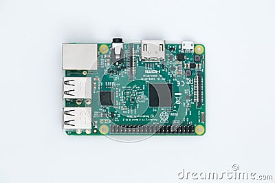 Raspberry Pi 3 Model B. Small single-board computer on white background. Editorial Stock Photo