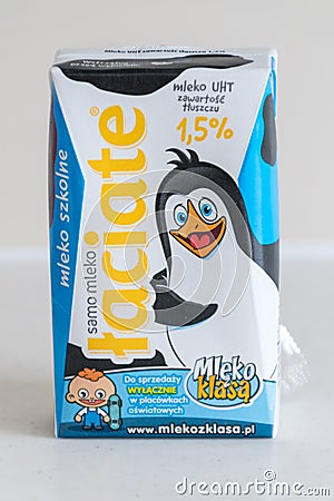 Carton of Milk Laciate mleko z klasa for schools Editorial Stock Photo