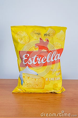 Bag of Estrella potato chips cheese with sour cream flavored Editorial Stock Photo