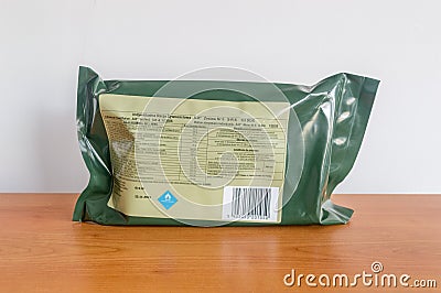 Individual Food Ration for Polish soldiers. Pack of Meal, Ready to Eat MRE food Editorial Stock Photo