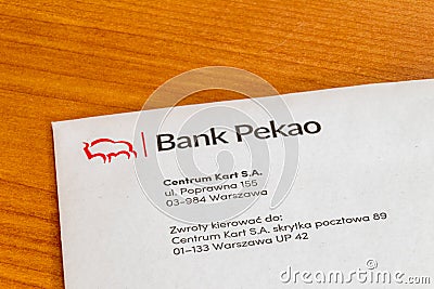 Detail of envelope with logo of Bank Polska Kasa Opieki Spolka Akcyjna Editorial Stock Photo