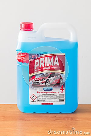 Prima champion blue antifreeze windshield washer fluid Editorial Stock Photo