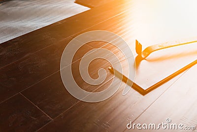 Pry Bar Tool with New Laminate Flooring Stock Photo