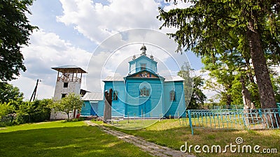 Panorama view of a churchyard, Assumption of the Mother of God russian Orthodox church, east side of temple Editorial Stock Photo