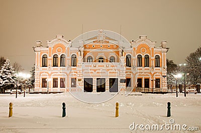 Pryluky, Chernihiv, Ukraine - 02/15/2021: Brodsky Theater in Pryluky at night Editorial Stock Photo