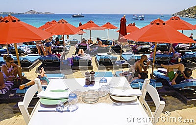 Psarou beach, Mykonos, Greece Editorial Stock Photo