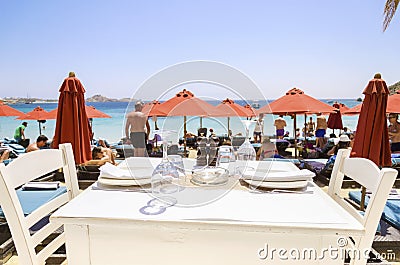 Psarou beach, Mykonos, Greece Editorial Stock Photo