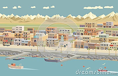 Pseudo isometric 3D panorama of the beautiful seaside panorama of Middle East town in summer. Vector Illustration
