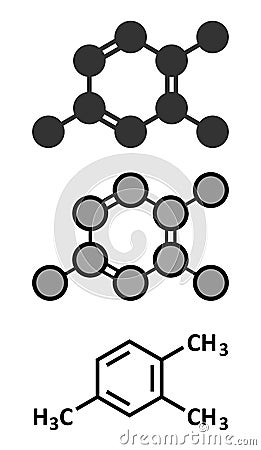 Pseudocumene (1,2,4-trimethylbenzene) aromatic hydrocarbon molecule. Occurs in naturally in coal tar and petroleum Vector Illustration