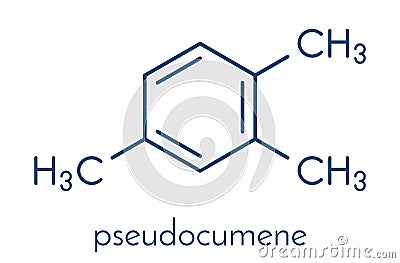 Pseudocumene 1,2,4-trimethylbenzene aromatic hydrocarbon molecule. Occurs in naturally in coal tar and petroleum. Skeletal. Vector Illustration