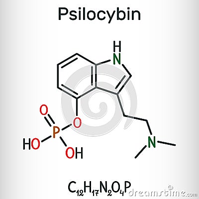 Psilocybin alkaloid molecule. It is naturally psychedelic prodrug. Structural chemical formula Vector Illustration