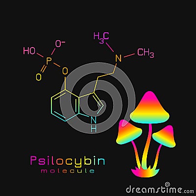 Psilocybin molecule, chemical formula with magic mushrooms Vector Illustration