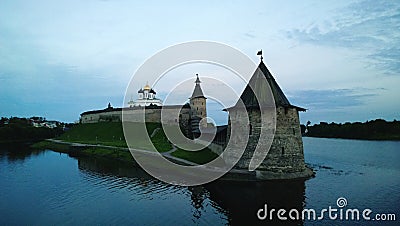 Pskov Kremlin dusk - tower and wall of the fortress Stock Photo