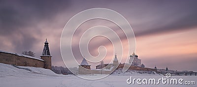 Pskov Kremlin Krom - Historical And Architectural Center Of The Ancient Russian City Pskov In The Winter Time. View From The F Stock Photo