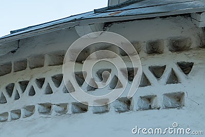 Pskov, Russia, September 6, 2023. A characteristic stone pattern on the wall of an old Russian church. Stock Photo